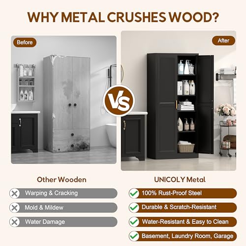UNICOLY 71" Kitchen Pantry Cabinet, Pantry Storage Cabinet with Doors and 4 Shelves, Metal Storage Cabinets for Kitchens, Living Room, Dinning Room, Assembly Required, Black UNICOLY