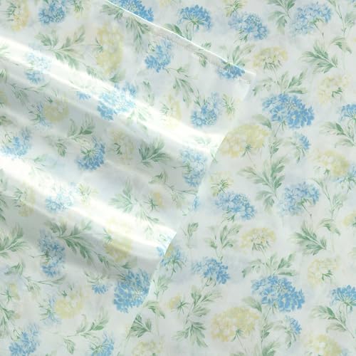 Laura Ashley - Full Size Sheet Set, Crisp & Cool Printed Satin Bedding with a Light and Breathable Feel, 4 Piece Bed Sheets with Deep Pocket Fitted Sheet & Matching Pillowcases (Edwina Blue) Laura Ashley