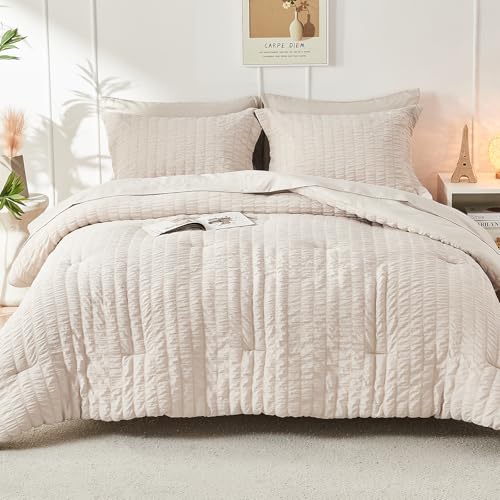 HYMOKEGE Beige Full Size Comforter Sets Seersucker 7 Pieces, All Season Luxury Bed in a Bag for Bedroom, Bedding Set with Comforters, Sheets, Pillowcases & Shams HYMOKEGE