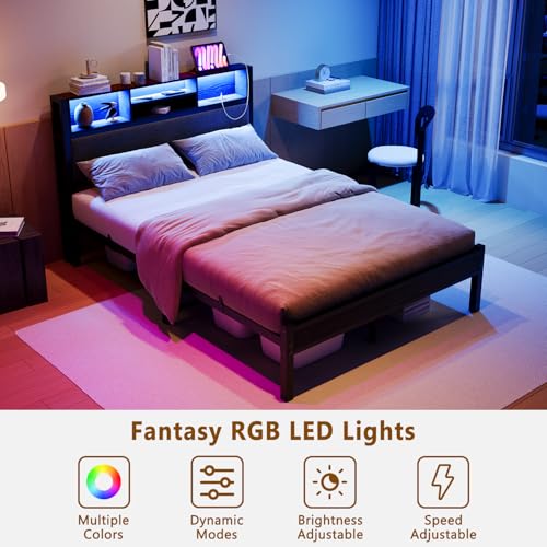 Crocofair Full Size Bed Frame with Charging Station and LED Lights,Upholstered Headboard with Storage Shelves, Metal Platform Bed Frame, Noise Free, No Box Spring Needed,Easy Assembly,Black Crocofair
