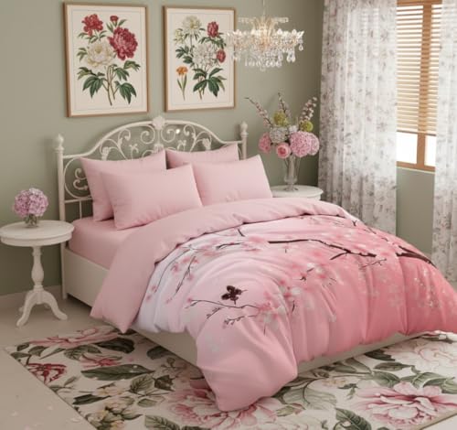 CCoutueChen Japanese Bedding Set King Size,Pink Flower Comforter Set 3Pcs Cherry Blossom Quilted Bed Set with 2 Pillowcases for Girls Women, All Season(104"x90") CCoutueChen