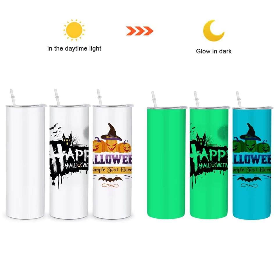 ZREGGUR Sublimation Blank Tumblers bulk 20 oz glow in dark Luminous green, 25Pack Stainless Steel Double Wall Insulated Straight Cups White with Lid and straw, Individually Box,Heat Transfer ZREGGUR