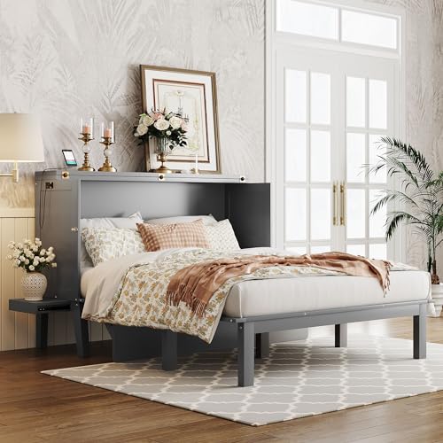 Ball & Cast Murphy Bed Chest Queen Size,Cabinet Hideaway Bed with USB Port and Removable Shelves on Each Side,Wood Wall can be Folded,Platform Bedframe for Kids Bedroom,Student Dorms,Gray Ball & Cast