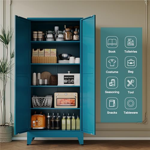 YAUWOH 71''Metal Cabinet with 4 Adjustable Shelves,5-Tier Pantry Storage Cabinet,Kitchen Pantry Cabinet for Living Room,Dining Room, Blue YAUWOH