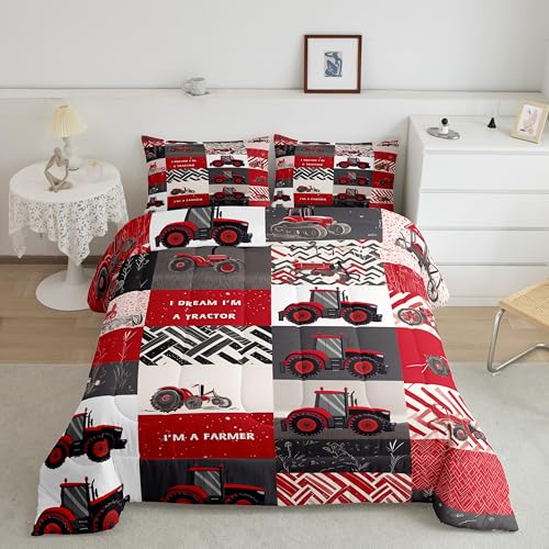Erosebridal 7 Pcs Kids Tractor Bedding Sets Red Cartoon Tractor Quilt with Flat Fitted Sheet Twin Farm Vehicle Truck Bed in A Bag Equipment Construction Comforter Set Geometric Plaid Decor Erosebridal