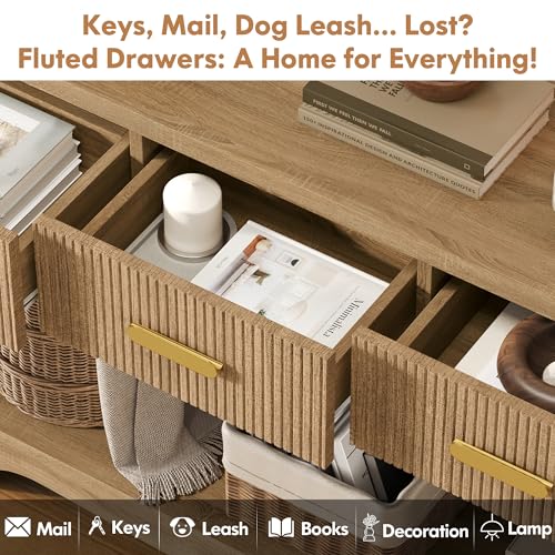 Fluted Console Table with Drawers, 47" Narrow Entryway Table with 3 Drawers and Open Storage Shelf, Long Sofa Tables Modern Behind Couch Tables for Living Room, Foyer and Hallway Luoxiao