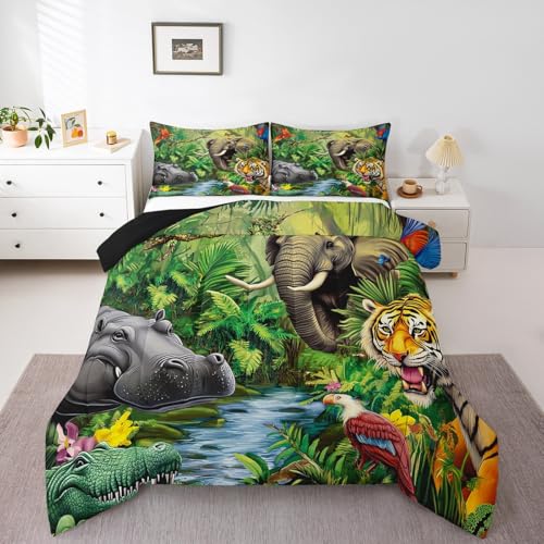 Jungle Animals Comforter Set - Queen Size Safari Animal Bedding with 1 Comforter and 2 Pillow Cases Erosebridal