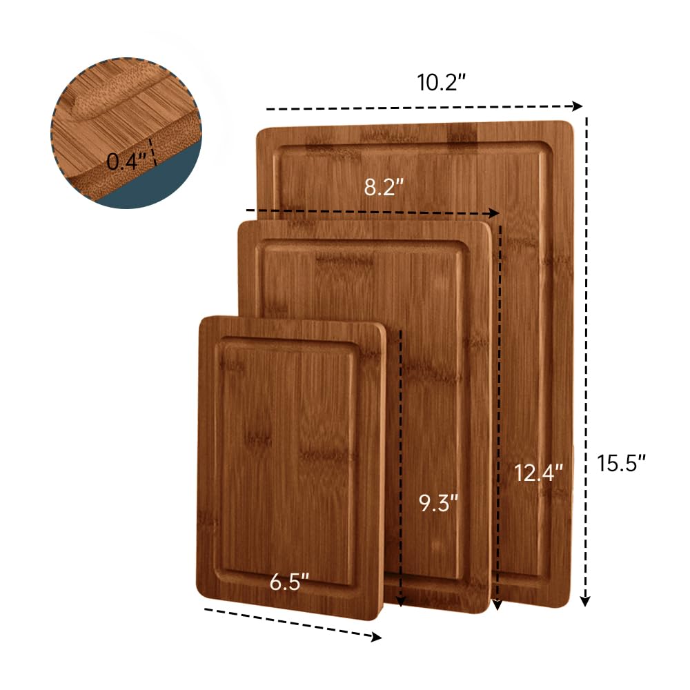 MelBell Bamboo Cutting Board Set Of 3 for Kitchen - Wooden Chopping Boards with Juice Groove - Wood Serving Board for Meat, Vegetables, Cheese MelBell