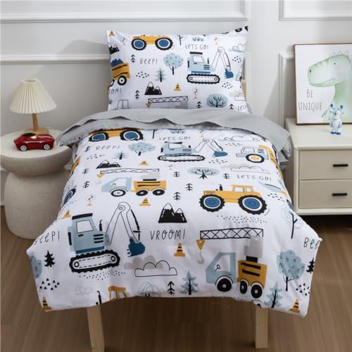 NTBED 4 Pieces Construction Toddler Bedding Set for Baby Boys,Tree Truck Vehicles Excavator Cars Printed, Includes Comforter, Flat Sheet, Fitted Sheet and Pillowcase,Light Grey NTBED