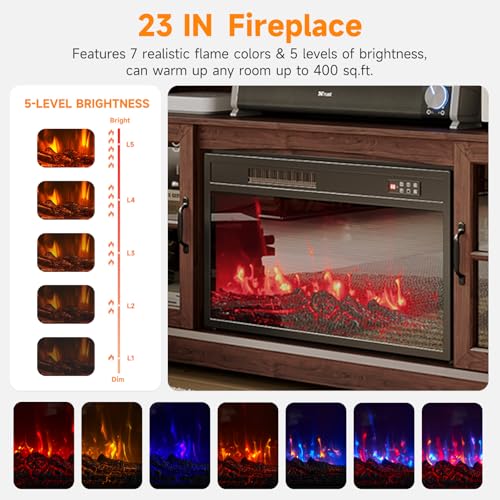 Breezestival 58" Fireplace TV Stand, Modern Entertainment Center for TVs Up to 70”, TV Console with Storage Cabinets, Media Console for Living Room, Brown TV Stand and Black Fireplace Breezestival