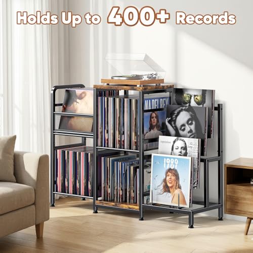 POKIPO Large Record Player Stand, Vinyl Record Storage Holds up to 400+ Albums, 3 Tier Turntable Stand with Display Shelf, 3-in-1 Multifunctional Record Player Cabinet Media Console Table for Stereo POKIPO