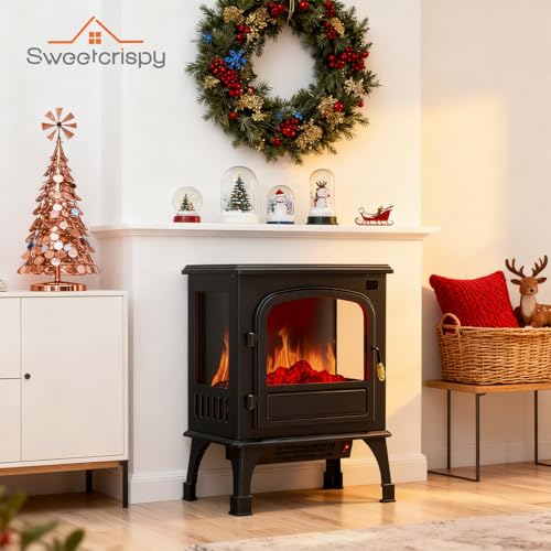 Sweetcrispy Freestanding Electric Fireplace Heater, 26” Indoor Fireplace with 3D Flame Effect, Overheating Safe Design, Energy Saving Space Heater with 12H Timer&Remote for Living Room, Bedroom, Black Sweetcrispy