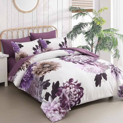 DJY Purple Comforter Set King, 7 Piece Floral Comforter Set with Sheets Elegant Flower Print Bed in a Bag Soft Microfiber Complete Bedding Set for All Season DJY