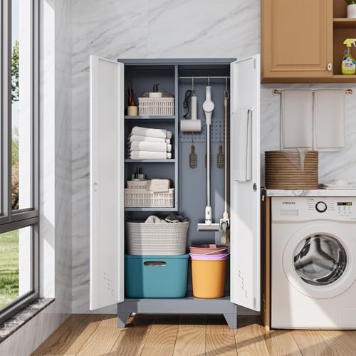 OSEILLC Metal Storage Cabinet with Locking Doors, 61" Tall Garage Cabinet with Hanging Rod, Broom Closet/Freestanding Bathroom Storage Cabinet, Cleaning Tool Storage OSEILLC