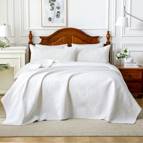 Aqzuxira White 100% Cotton Quilt Set King Size, 3 Piece Modern Textured Bedspread with Coin Pattern, Lightweight Crinkly Coverlet Sham Set, Soft Minimalist All Season Bedding, Garment-Washed Aqzuxira