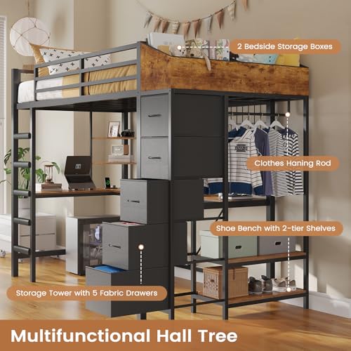 VIAGDO Loft Bed Twin Size with Hall Tree, Charging Station and LED Lights, Metal Loft Bed with L-Shaped Desk, 5 Storage Drawers, Heavy Duty Twin Size Bed with Stairs, No Box Spring Needed, Black VIAGDO