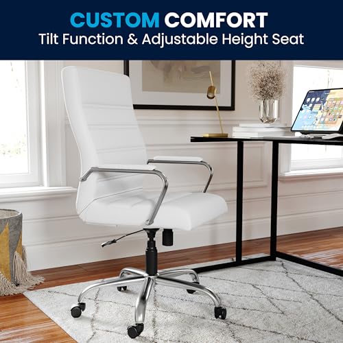 Flash Furniture Whitney High-Back Swivel LeatherSoft Desk Chair with Padded Seat and Armrests, Adjustable Height Padded Office Chair, White/Chrome Flash Furniture