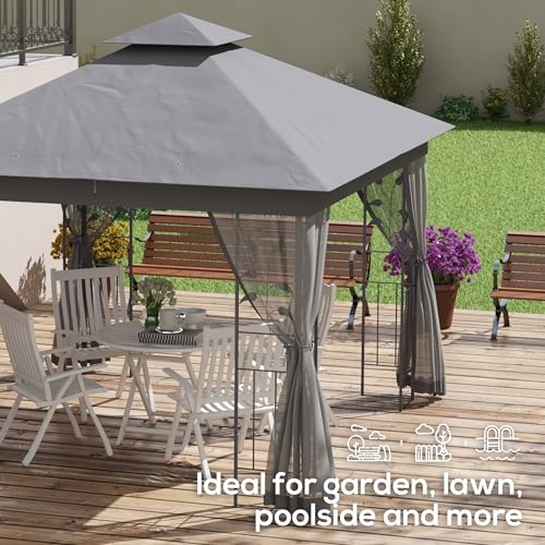 Outsunny 10' x 11.5' Metal Patio Gazebo, Double Roof Outdoor Gazebo Canopy Shelter with Tree Motifs Corner Frame and Netting, for Garden, Lawn, Backyard, and Deck, Gray Outsunny