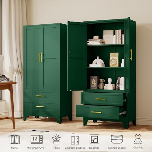 GAIOUS 71" Tall Metal Pantry Cabinet, Steel Storage Cabinets with 2 Doors, 2 Adjustable Shelf and 2 Drawers, Used as Kitchen Cabinet, Freestanding Cupboard for Kitchen, Office, Living Room (Green) GAIOUS