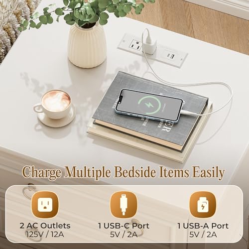 Huuger 27.6 Inch Tall Nightstand with Charging Station, USB-C Port, Larger Night Stand Set of 2, Bedside Table with 2 Drawers, 11.4 Inch Raised Legs, Side Tables End Tables, for Bedroom, White Huuger