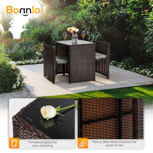 Bonnlo 3 PCS Wicker Outdoor Patio Bistro Set, Patio Furniture Set for Small Space with Glass Top Table Dining Chairs, Balcony Furniture Patio Table and Chairs Set of 2 for Garden Yard Porch Bonnlo