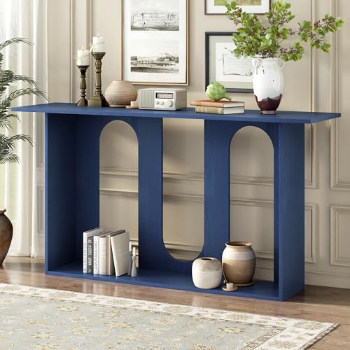 Knocbel Entryway Console Table with Curved Design and Ash Veneer, Modern Sofa End Tables with Top Bottom Shelf for Living Room Hallway, 15.7" D x 60" W x 31.5" H Navy Blue Knocbel
