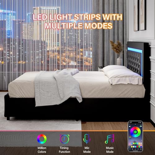 BarnFurin Twin Bed Frames with LED Lights and Storage Drawers, Upholstered Bed Frame with Diamond Headboard, Faux Leather Modern Platform Bed, Wooden Slats Support, No Box Spring Needed, Black BarnFurin