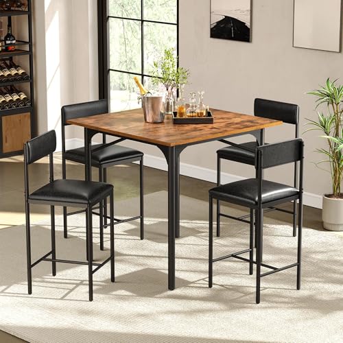 DWVO 5-Piece Dining Room Table Set Bar Table and Chairs Set Counter Height Dining Table Set Industrial High Top Kitchen Table with 4 Barstools for Kitchen Living Room Restaurant Bar Small Spaces Brown DWVO