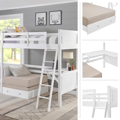 Alaterre Arlington Study Loft Bed with Pull-Out Seating and Storage, Twin Size, Solid Pine Wood and Sturdy MDF, Built-in Desk, Fold-Out Futon for Sleepovers, Guardrails Included, White Alaterre Furniture