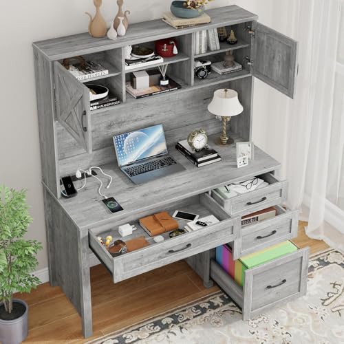 Farmhouse 67" H Executive Desk with Hutch,Office Desk with 4 Drawers and LED light, Wood Workstation for Home Office and Study, Computer Desk with Storage Cabinet,File Drawers, Charging Station.Gray. Befrases