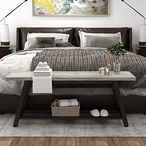 Oastreeful Grey Storage Bench Industrial Rustic Wooden and Metal Entryway Shoe Boots Storage Rack Long Bench Seat for Hallway Bedroom Rustic Farmhouse Style Oastreeful