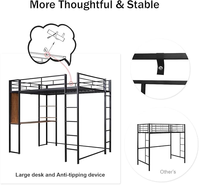 Merax Metal Loft Bed with 2 Shelves and one Desk, Noise Free, No Box Spring Needed, Easy Assembly, Full Size, Black Merax