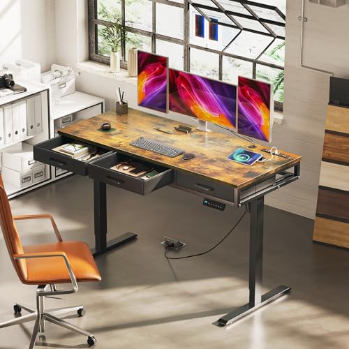 AODK Electric Standing Desk with Drawers, 55 Inch Height Adjustable Desk with Power Outlets, Sit Stand Table, Writing Computer Desk for Home, Office, Workstation, Rustic Brown AODK