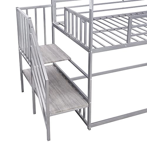 Twin Over Twin Bunk Bed with Slide and Storage Stairs, Heavy Duty Bunk Bed/House Bunk Bed Twin Over Twin, Twin Floor Bunk Beds for Kids, Girls, Boys(Twin Over Twin Sliver) Bellemave