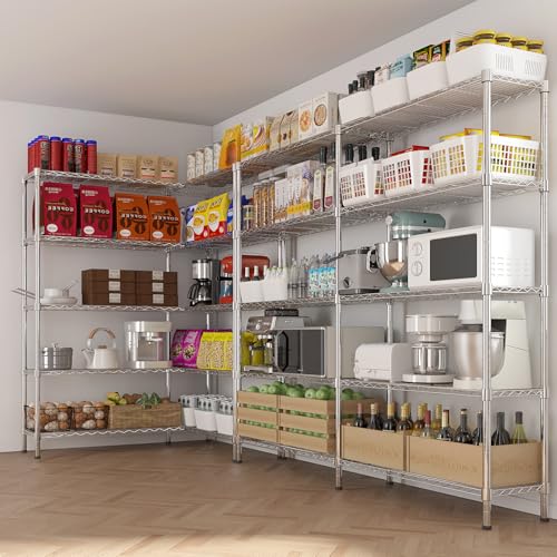 L Shaped Adjustable Storage Shelves, 57.87x13.78x70.87in Adjustable 5 Tier Wire Shelving Unit, Heavy Duty Garage Corner Shelf, Metal Standing Shelf Units, Pantry Shelf for Corner Laundry Closet SESAISHEIR