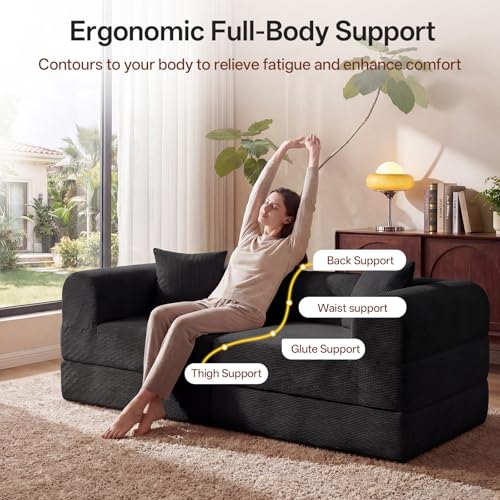 LunaHush 74.8’’ Boneless Modular Convertible Sofa Bed, Fold-Out Floor Couch Loveseat, All-Foam Futon Mattress Couch, Corduroy Sleeper Sofa for Living Room & Small Spaces, No Assembly Required, Black LunaHush