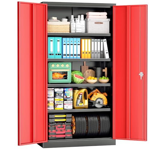 Pataku Metal Storage Cabinet, 72" Garage Cabinet with Doors and Shelves Lockable Steel Multifunctional Cabinet, Tool Cabinet for Garage, File Cabinet for Home, Office, Warehouse(Black Red) Pataku