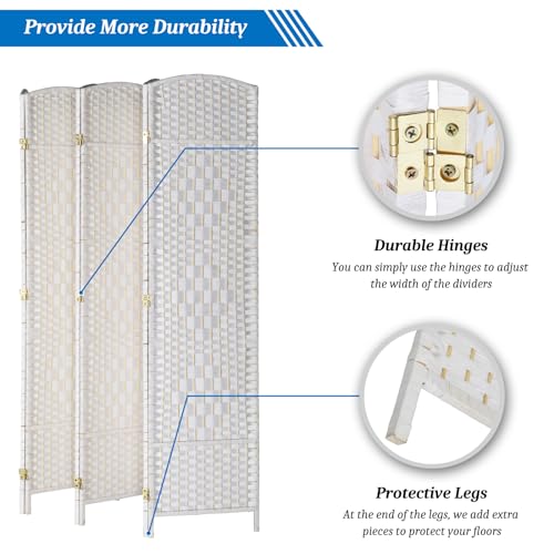 VINGLI 6-Panels Tall Rattan Room Divider, 6 FT Folding Privacy Screen, Indoor Partition Wall Dividers, Freestanding Hinged Space Separator (White) VINGLI