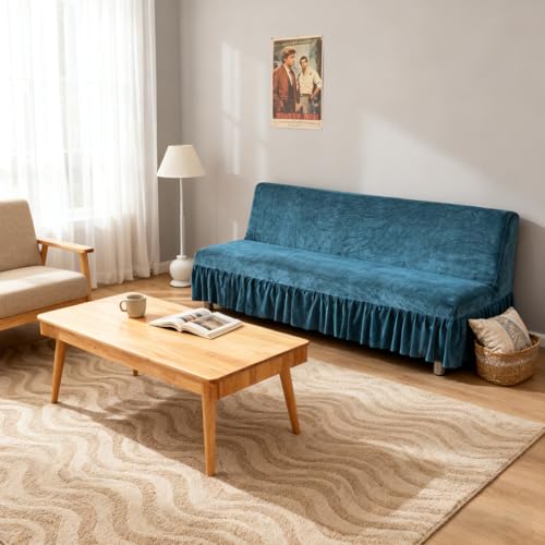 Daunkang Stretch Armless Futon Cover with Skirt Ruffled Sofa Bed Slipcover Washable Folding Futon Sofa Covers Furniture Bed Protector with Elastic Bottom for Kids Pets Large Lake Blue Daunkang