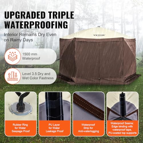 VEVOR Pop Up Gazebo Screen Tent 6 Sided Canopy Sun Shelter with 6 Removable Privacy Wind Cloths & Mesh Windows, 11.5x11.5FT Quick Set Screen Tent with Mosquito Netting, Brown VEVOR
