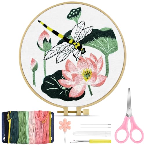 TINDTOP Embroidery Kit for Beginners Adult, Dragonfly Embroidery Kit for Beginners Include Embroidery Cloth Hoops Threads for Craft Lover Hand Stitch with Embroidery Skill Techniques (Dragonfly)