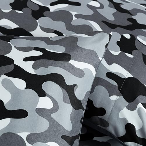 Chezmoi Collection Military Camo 4-Piece Sheet Set - Camouflage Black Gray Printed Microfiber Soft Breathable Deep Pocket Sheets and Pillowcases Set, Full XL Size Chezmoi Collection