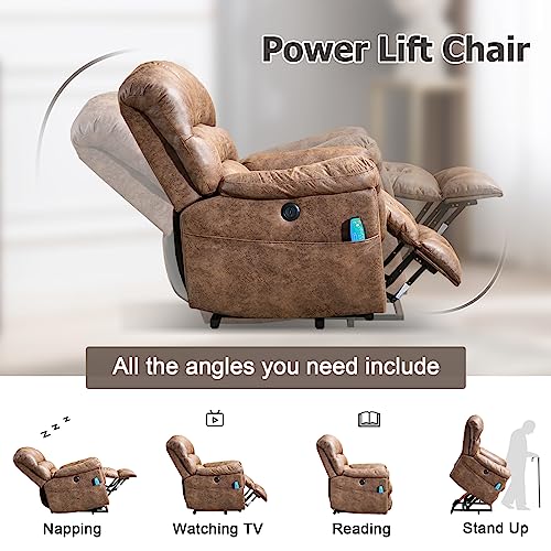 Phoenix Home Large Power Lift Recliner with Massage and Heat for Elderly, Heavy Duty & Safety Motor Reclining Chair, Faux Leather Electric Wider Recliner with USB Ports, 2 Side Pockets, Brown Phoenix Home