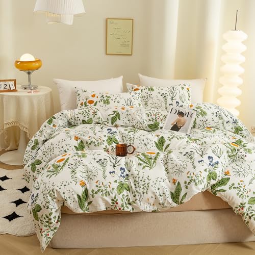 ECOCOTT 3 Pieces Floral Duvet Cover Sets King Size,100% Natural Cotton Floral Pattern 1 Duvet Cover with Zipper and 2 Pillowcases, Ultra Soft and Easy Care Breathable Cozy Simple Style Bedding Set ECOCOTT