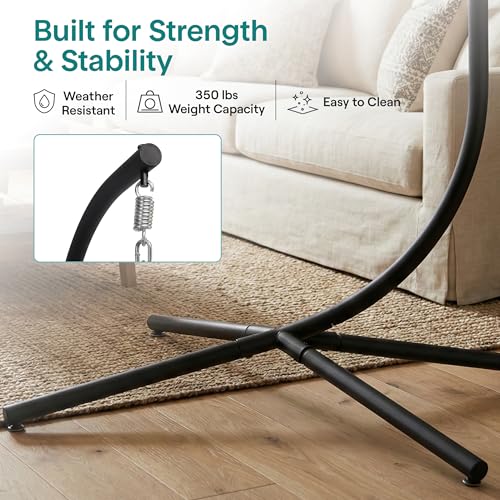 SereneLife Hanging Egg Chair with Stand - Wicker Rattan Outdoor Swing Chair, Powder-Coated Steel Frame, Padded Cushion & Headrest - Ideal Swinging Chair for Bedroom, Patio, Backyard - 350 lbs Load