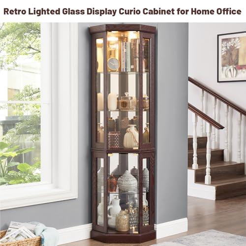 BAOMKONG Tall Corner Cabinet with Glass Doors, Lighted Glass Display Curio Cabinet with Adjustable Shelves, Home Office Floor Standing Display Cabinet for Bar, Liquor Storage and Medal, Dark Cherry BAOMKONG