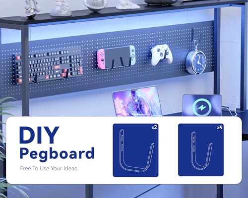 Pamray 60 Inch L Shaped Gaming Desk with LED Lights and Power Outlets Reversible Corner Computer Desk with Pegboard Storage Shelves Home Office Table for Work Study Black Pamray