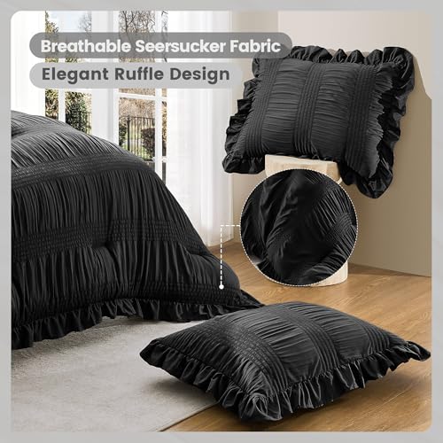 QUIETSEA Twin Comforter Set Seersucker 5 Pieces Luxury Ruffle Bed in a Bag Twin Size for All Season Black Bedding Set with Comforter, Pillowcase, Flat Sheet, Fitted Sheet and Pillow Sham QUIETSEA