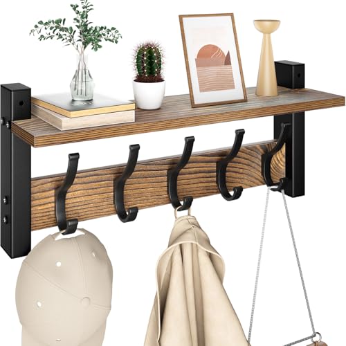 Optish Coat Rack Wall Mount with Shelf, 17.1 Inch Coat Hanger Walls Mounted, Hat Rack for Walls, Shelf with 5 Coat Hooks, Wall Hanger for Entryway (Brown) Optish