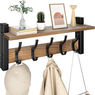 Optish Coat Rack Wall Mount with Shelf, 17.1 Inch Coat Hanger Walls Mounted, Hat Rack for Walls, Shelf with 5 Coat Hooks, Wall Hanger for Entryway (Brown)